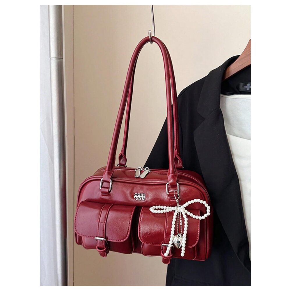 8690 PU Leather Shoulder Bag Top Handle Y2k Handbag Purse Boston Bowler Bag - Picture 5 of 6